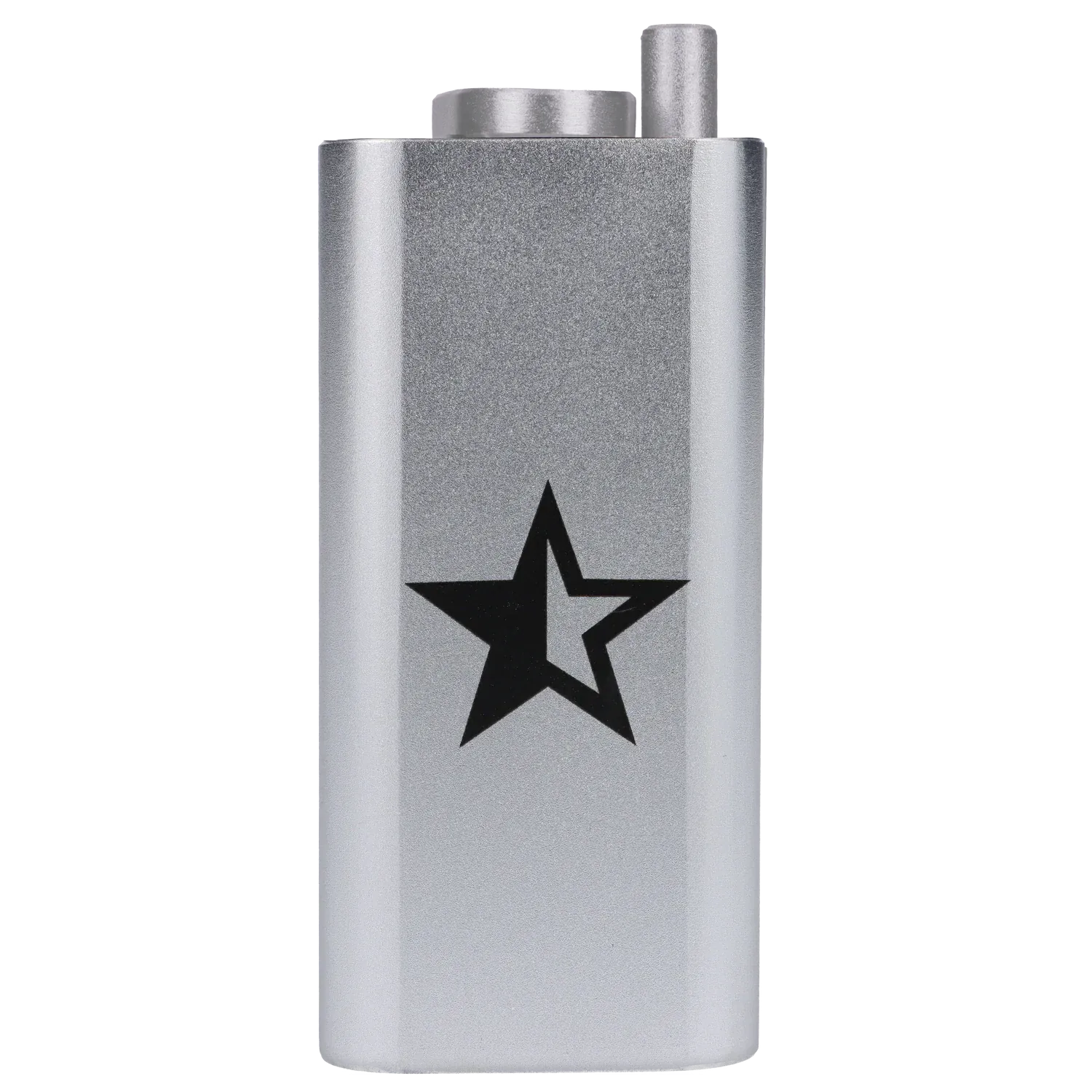 Close-up front view of the Famous X Aluminum Dugout - Silver showing its metallic finish and a black star logo near the center.
