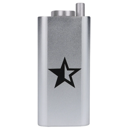 Close-up front view of the Famous X Aluminum Dugout - Silver showing its metallic finish and a black star logo near the center.