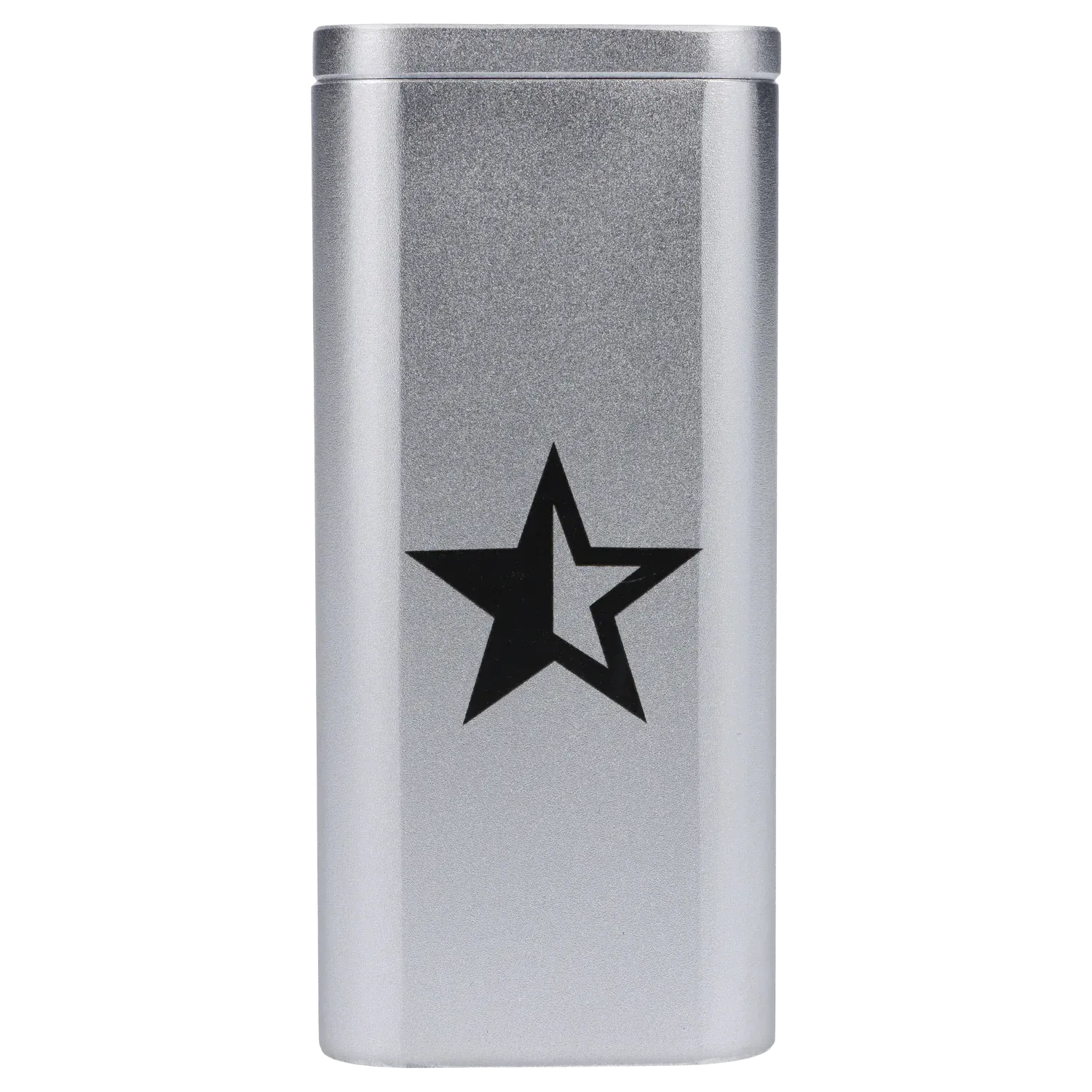 Straight-on view of the silver Famous X Aluminum Dugout - Silver showing its rectangular top-to-bottom profile and a black star graphic centered on the front.
