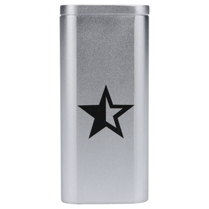 Straight-on view of the silver Famous X Aluminum Dugout - Silver showing its rectangular top-to-bottom profile and a black star graphic centered on the front.