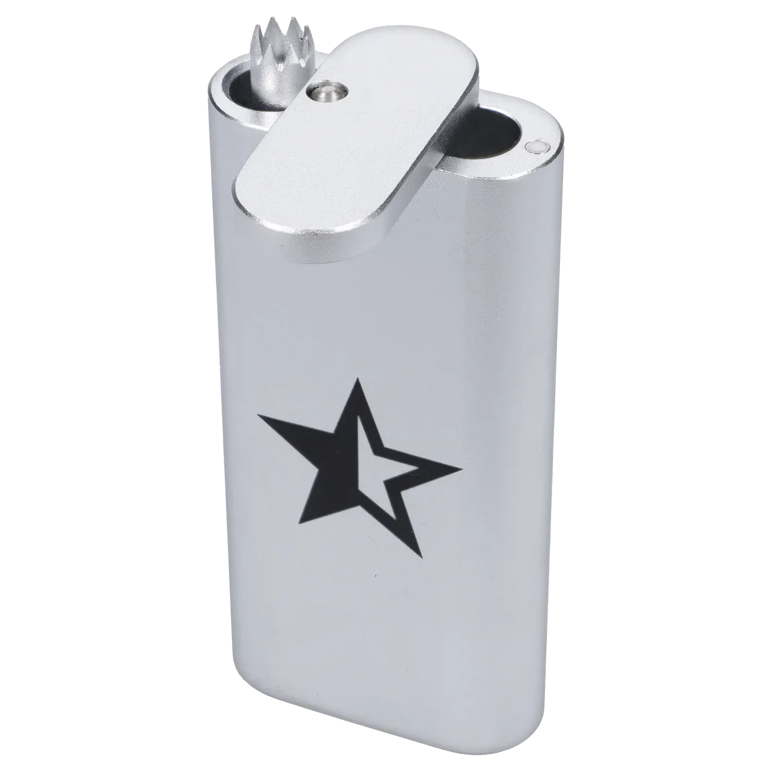 Angled close-up of the silver Famous X Aluminum Dugout - Silver showing the flip lid, dual chambers and black star logo.