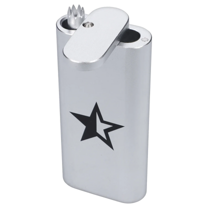 Angled close-up of the silver Famous X Aluminum Dugout - Silver showing the flip lid, dual chambers and black star logo.