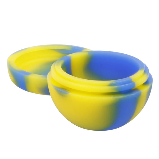 A top-down view of two 9ml Valiant Silicone Half Moon Containers in assorted colors, positioned closely together on a white surface.
