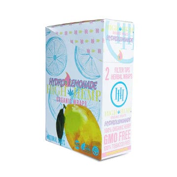 Front view of the High Hemp Wraps - Hydro Lemonade packaging with a colorful, patterned background and product branding.