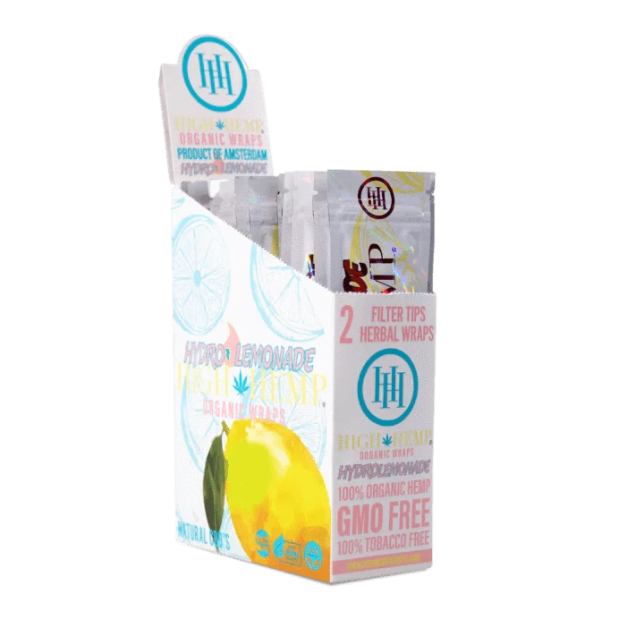Front view of High Hemp Wraps - Hydro Lemonade packaging, displaying a colorful, vertically-oriented design.