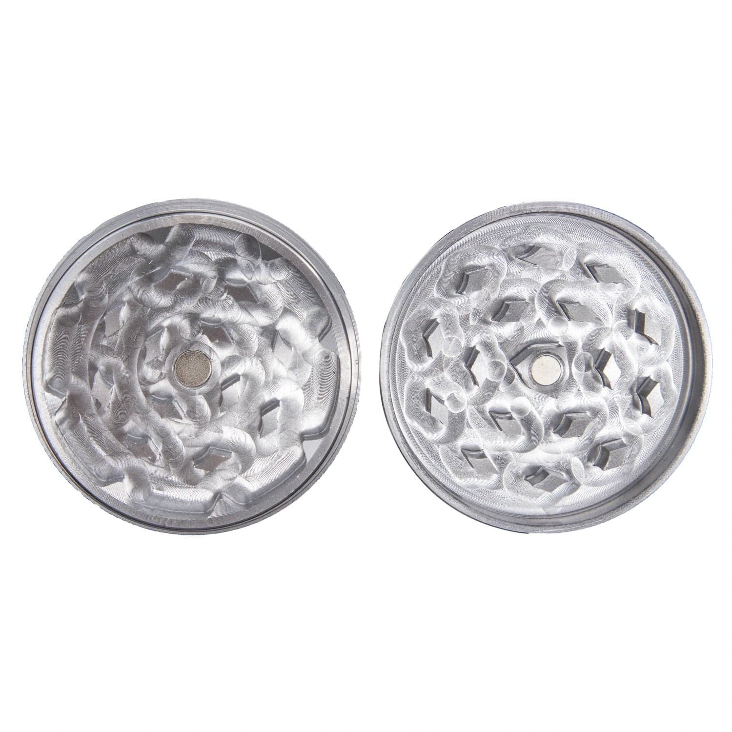 A top-down view of the Famous X - Crystal 2 pc Grinder in silver, showcasing its multi-tiered, crystalline grinding teeth.