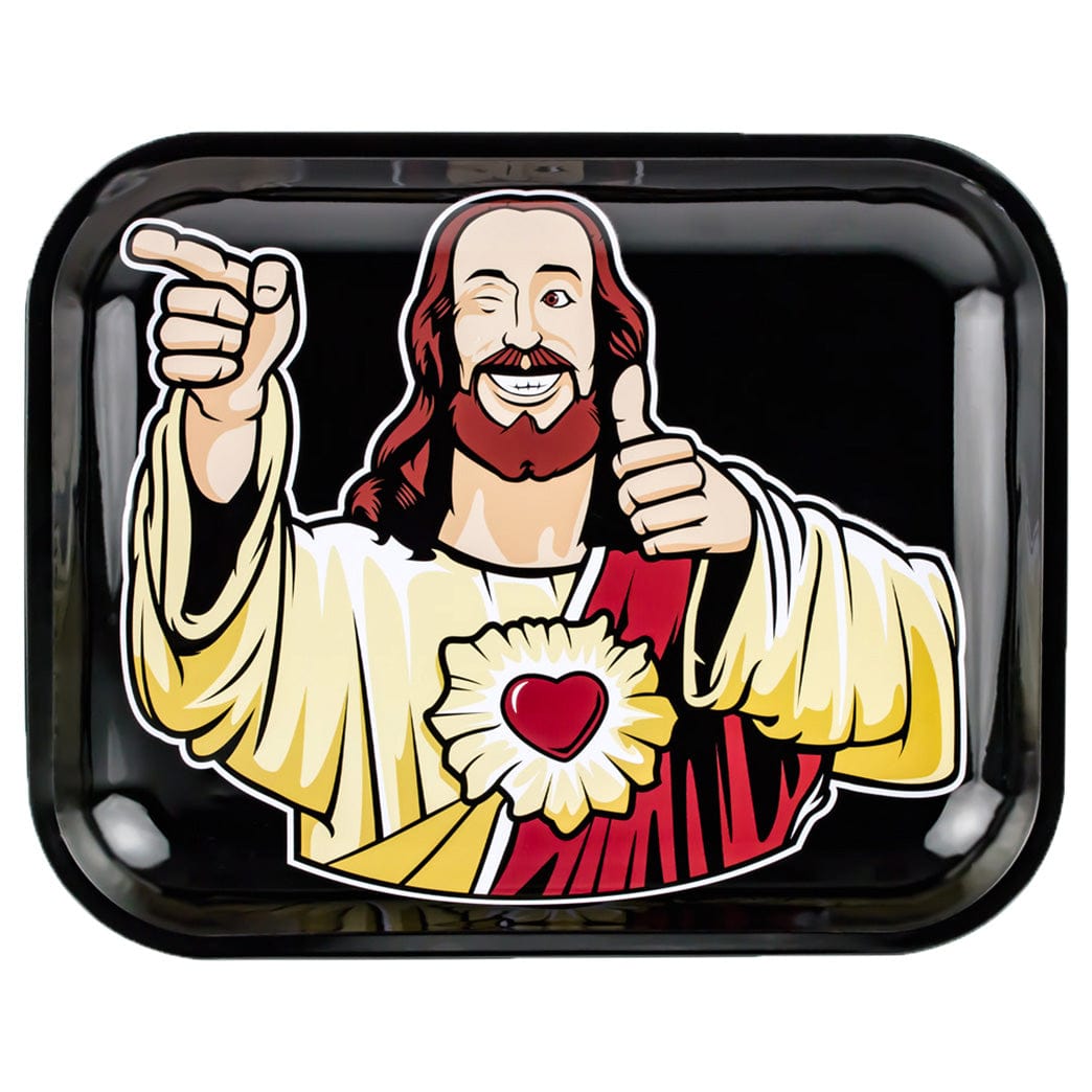 Top-down view of the JSB Buddy Christ Rolling Tray - Groß showing a winking, cartoon Jesus giving a thumbs-up and pointing on a glossy black background.