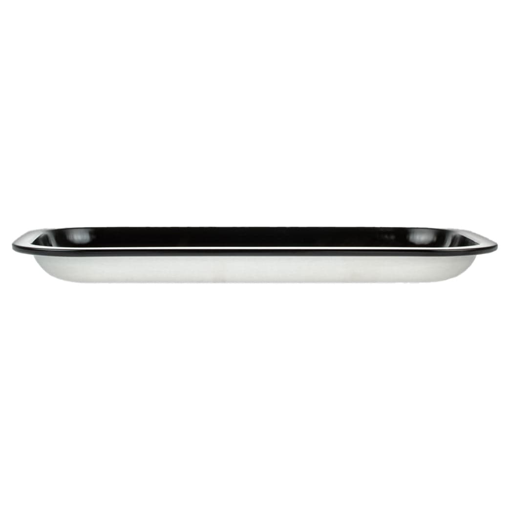 Low-angle side view of the JSB Buddy Christ Rolling Tray - Groß showing its shallow black interior and reflective silver exterior against a white background