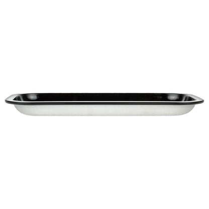Low-angle side view of the JSB Buddy Christ Rolling Tray - Groß showing its shallow black interior and reflective silver exterior against a white background