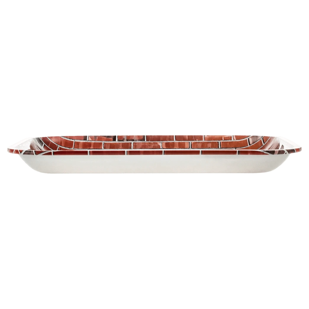 Side profile view of the JSB Jay & Silent Bob Wand Rolling Tray - Groß showing a shallow rectangular tray with a red brick-patterned interior and white exterior.