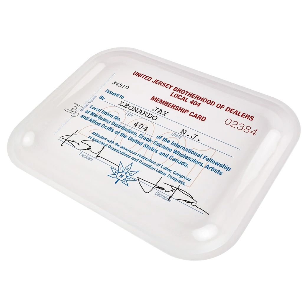 Angled top-down view of the white JSB Signature Tray-Large featuring a printed vintage membership card design with red and blue text.