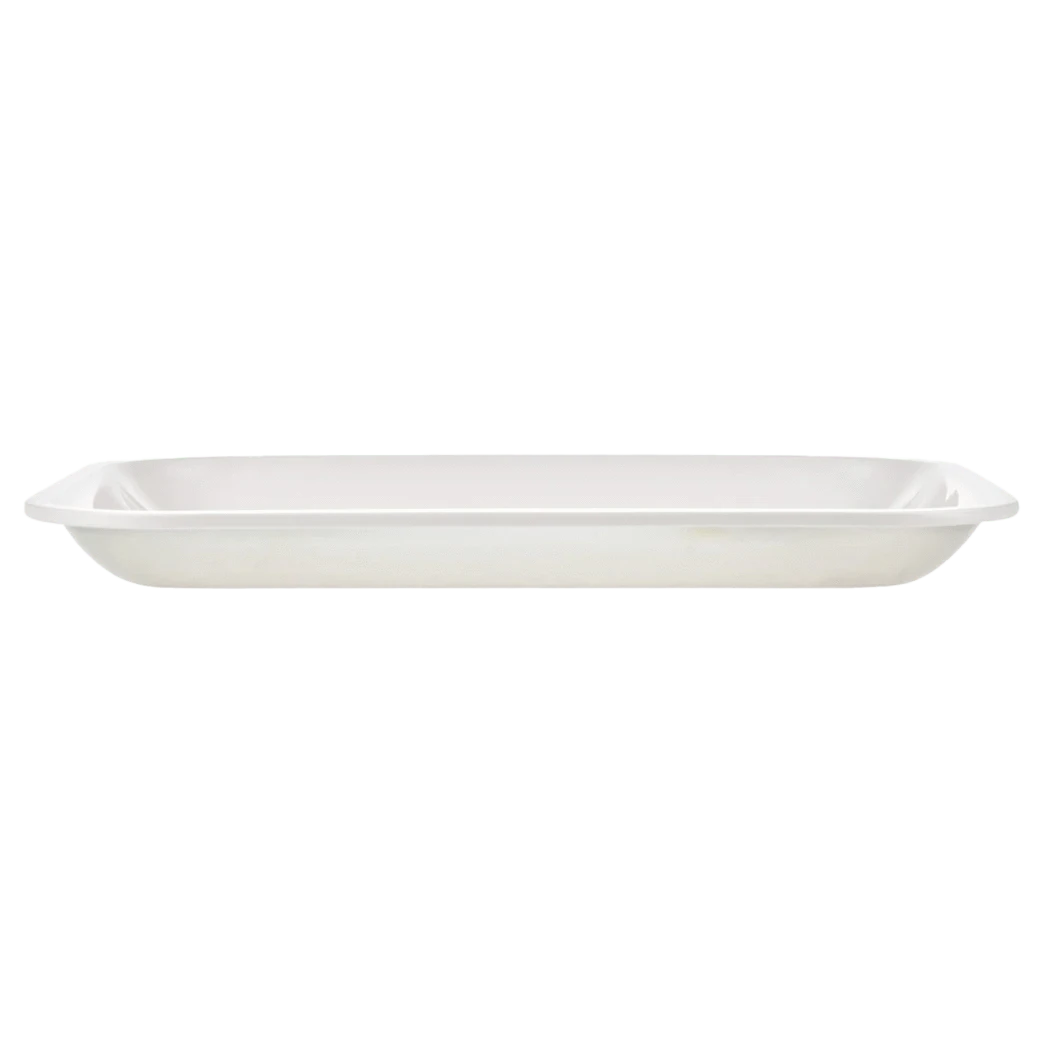 Side-profile studio shot of the white JSB Signature Tray-Large showing its shallow rectangular form and gently rounded corners against a plain background.