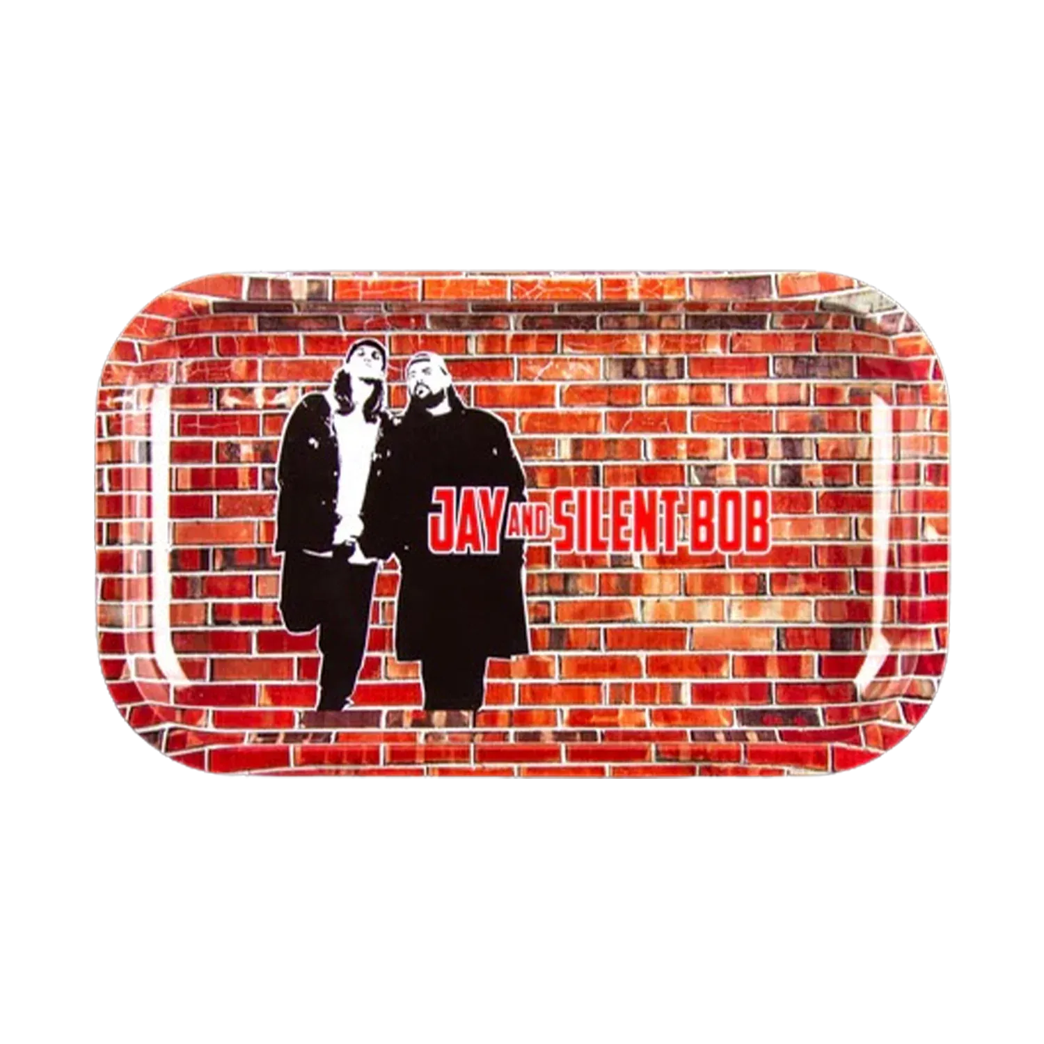 Top-down view of the JSB-Jay And Silent Wall Tray-Medium showing a red brick wall print with black-and-white silhouettes of Jay and Silent Bob and bold red text.