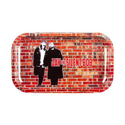 Top-down view of the JSB-Jay And Silent Wall Tray-Medium showing a red brick wall print with black-and-white silhouettes of Jay and Silent Bob and bold red text.