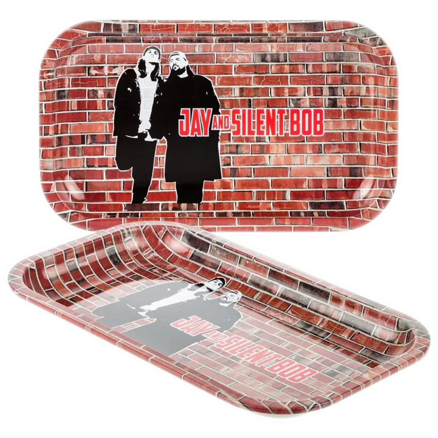 Top-down view of a rectangular JSB-Jay And Silent Wall Tray-Medium with a red brick wall print and black silhouette of Jay and Silent Bob beside bold red text.