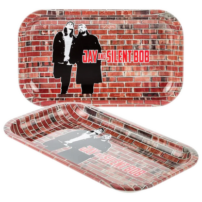 Top-down view of a rectangular JSB-Jay And Silent Wall Tray-Medium with a red brick wall print and black silhouette of Jay and Silent Bob beside bold red text.