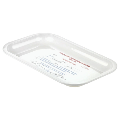 Angled top-down view of a white JSB Signature Tray-Medium showing a shallow rectangular basin with rounded corners and printed text inside.