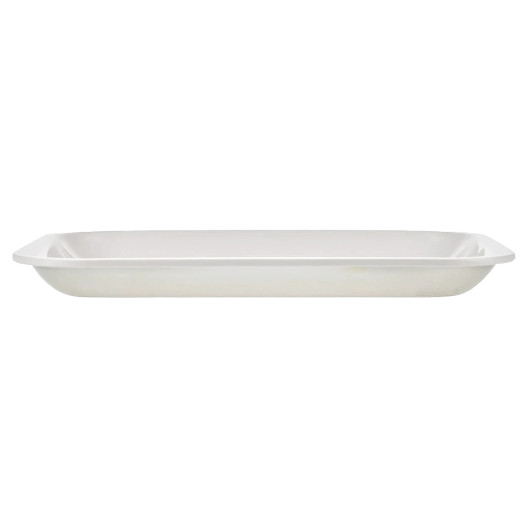 Side view of the JSB Signature Tray-Small showing a shallow, rectangular white dish with slightly flared edges against a plain background.