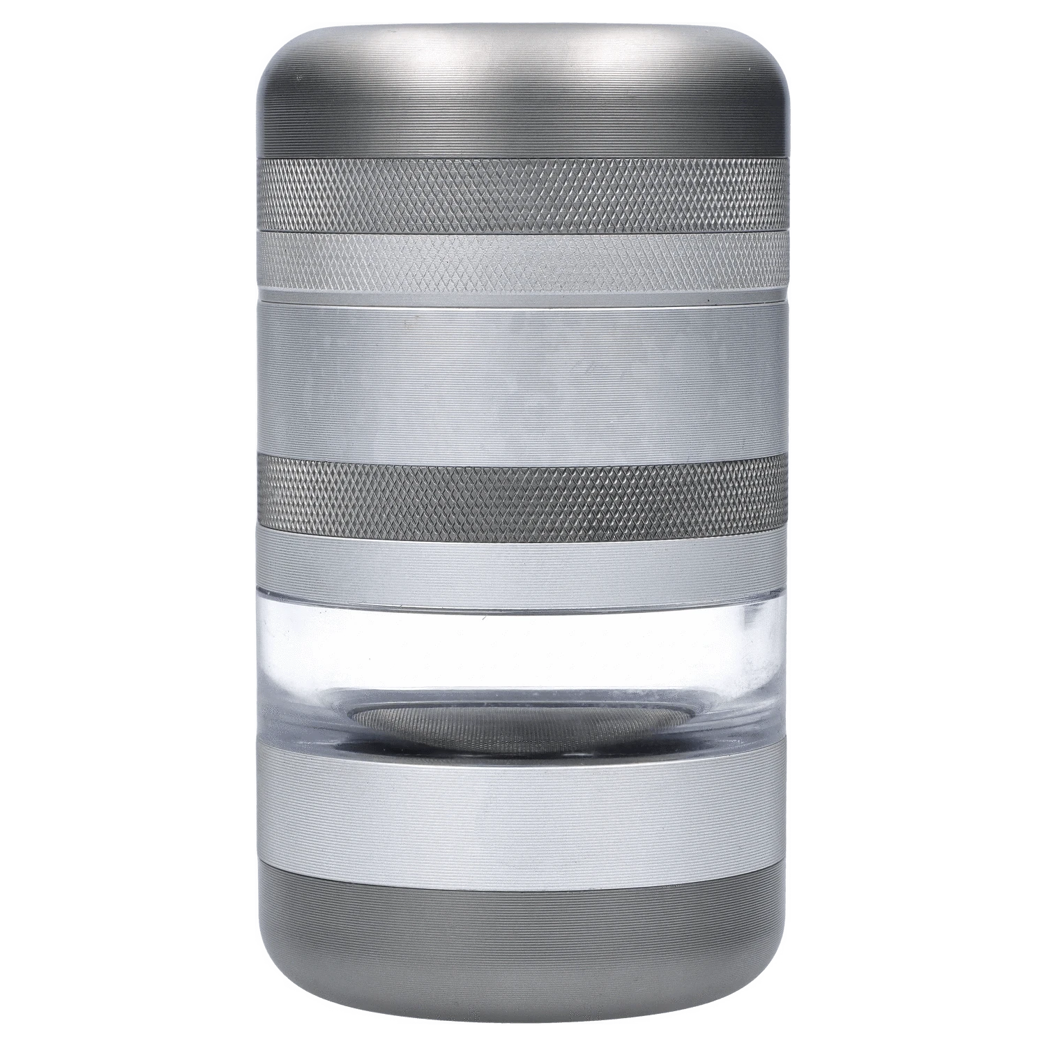 Front view of the GR8TR Jar Body Grinder 2.2” in matte silver, showing a cylindrical body with textured grip details.