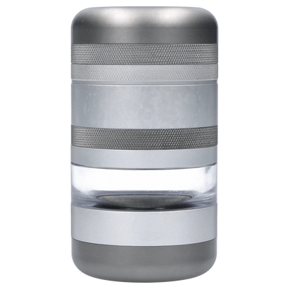 Front view of the GR8TR Jar Body Grinder 2.2” in matte silver, showing a cylindrical body with textured grip details.