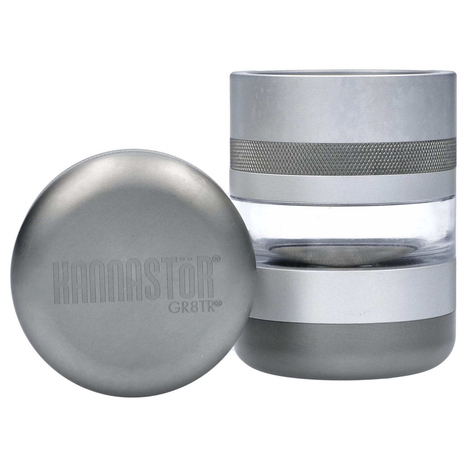 Close-up of the matte silver GR8TR Jar Body Grinder 2.2", showcasing its cylindrical shape and metallic finish.