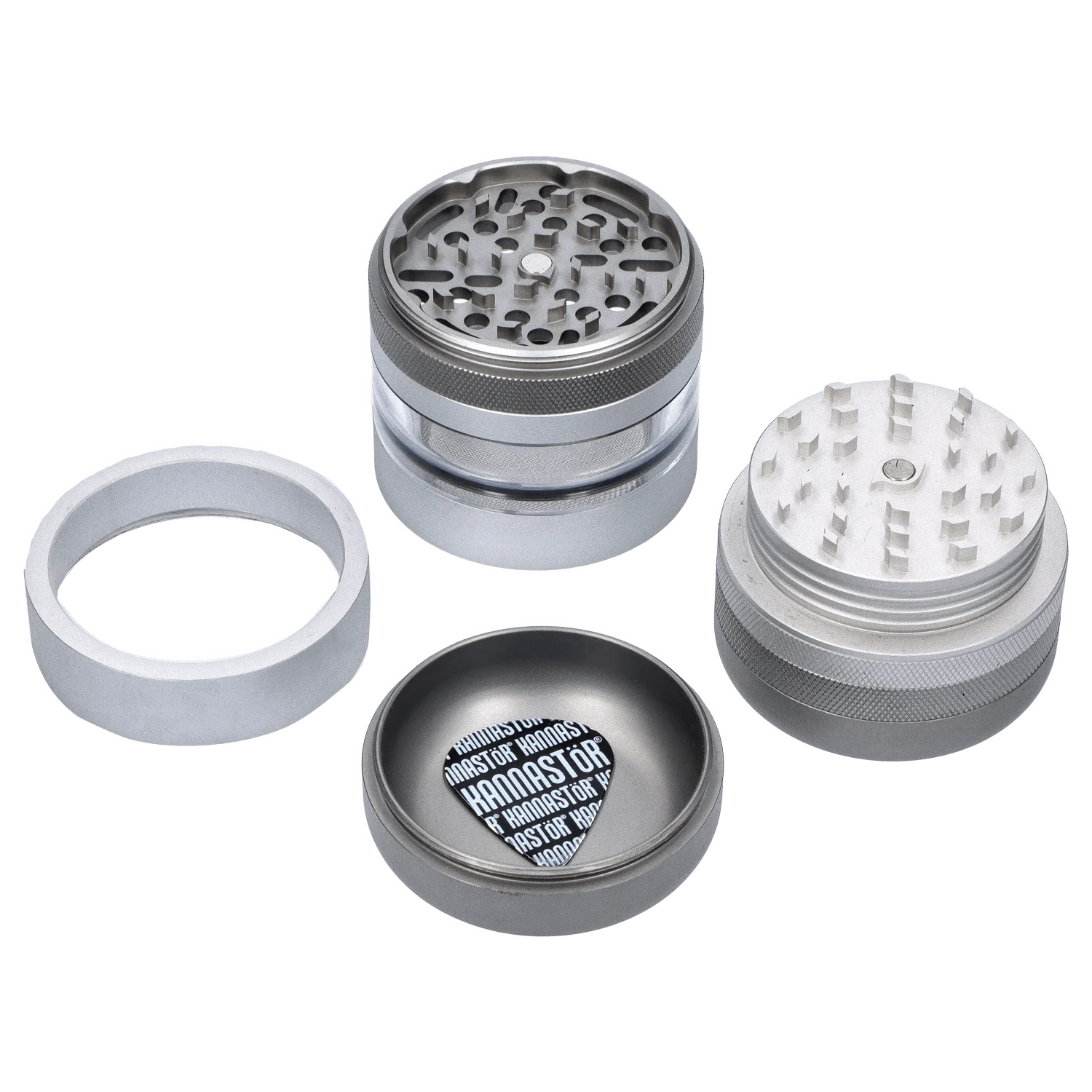 A top-down view of the matte silver GR8TR Jar Body Grinder 2.2", showcasing its cylindrical shape and multi-part construction.
