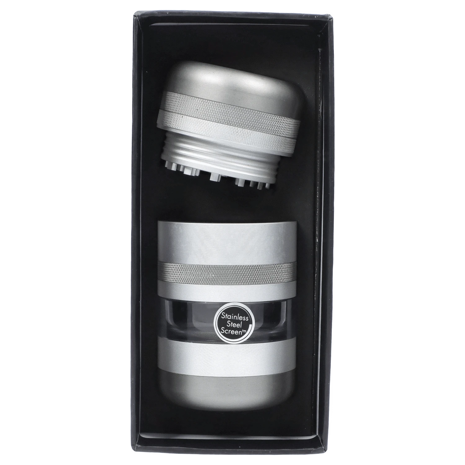 Front view of the GR8TR Jar Body Grinder 2.2" in matte silver, centered against a black background.