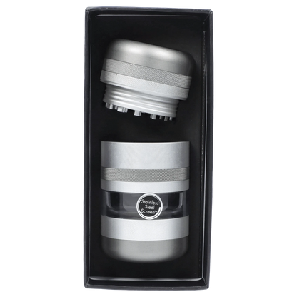 Front view of the GR8TR Jar Body Grinder 2.2" in matte silver, centered against a black background.