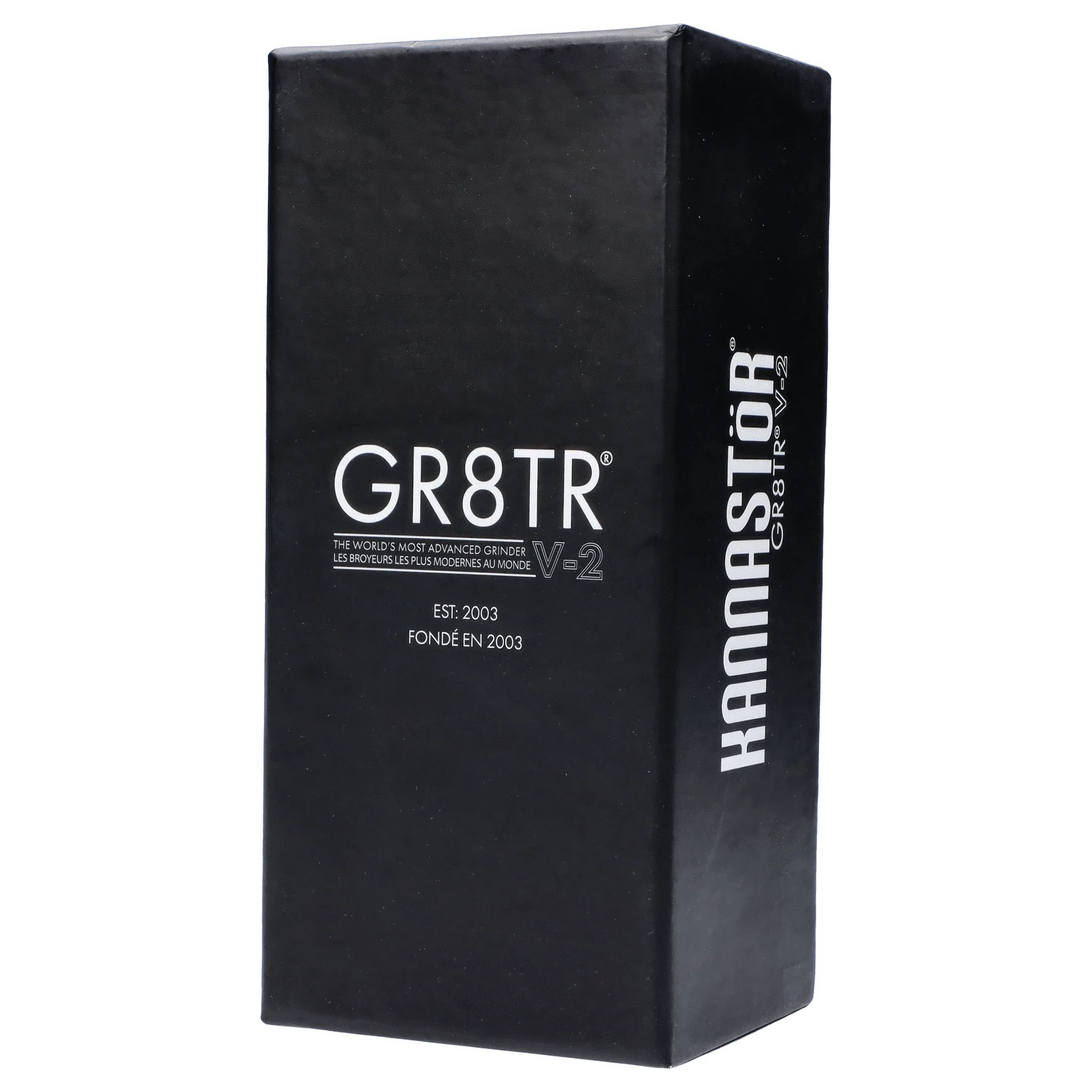 Front view of the matte silver GR8TR Jar Body Grinder 2.2, showcasing its cylindrical shape and branded lettering.