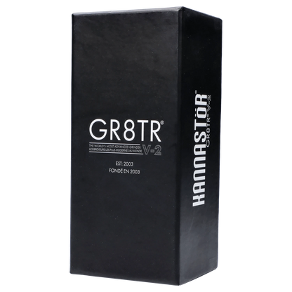 Front view of the matte silver GR8TR Jar Body Grinder 2.2, showcasing its cylindrical shape and branded lettering.