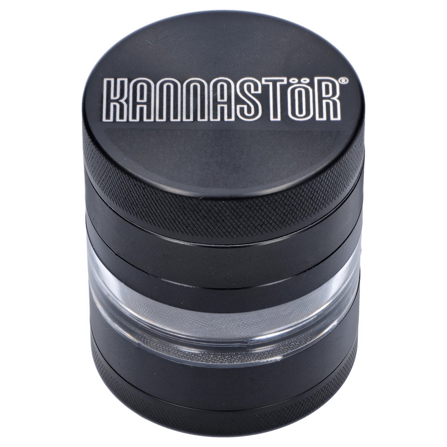A close-up, angled view of the black Kannastör Jar Body Grinder 2.2, showcasing its cylindrical shape and metallic finish.