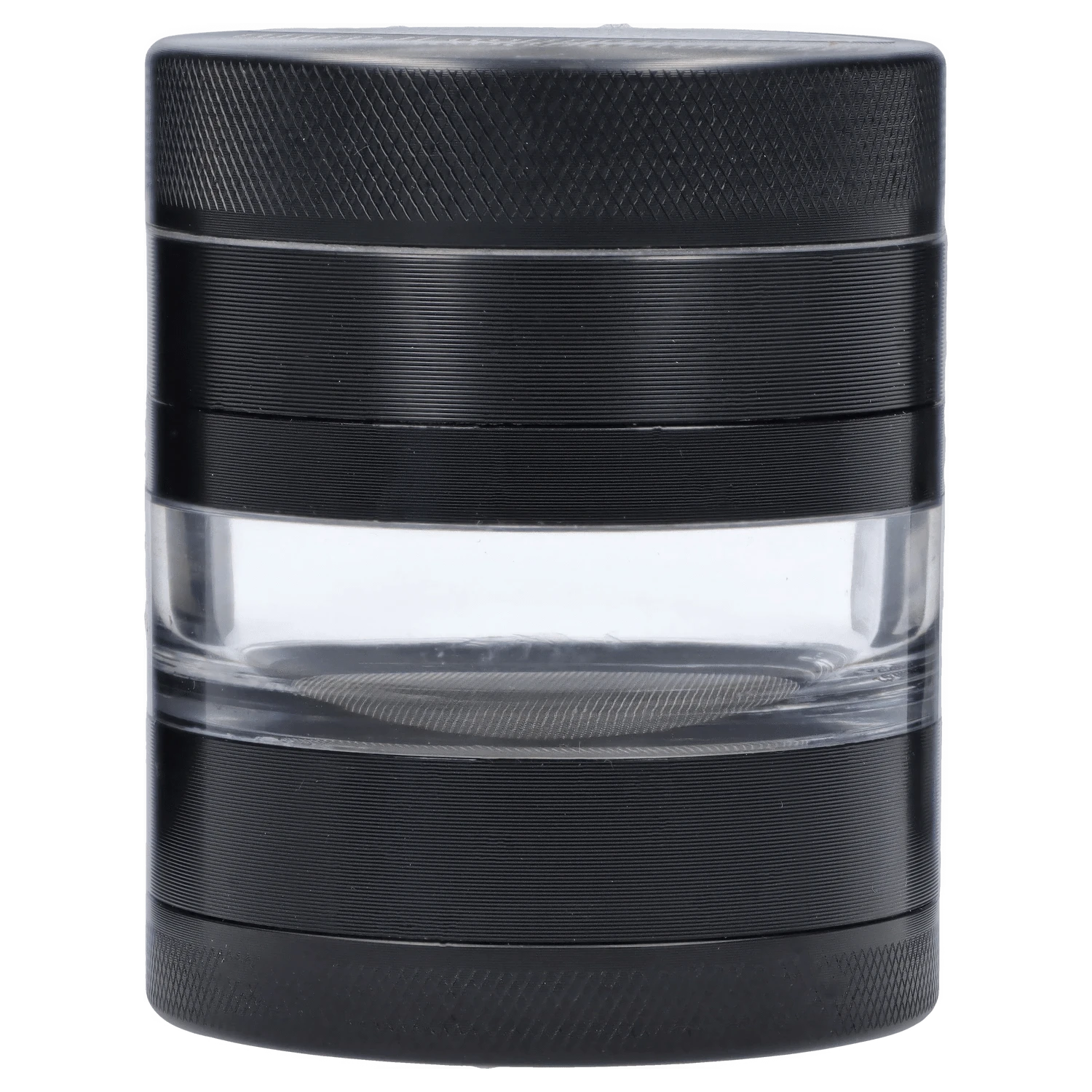 A close-up, angled view of the black Kannastör Jar Body Grinder 2.2", showcasing its cylindrical shape and textured exterior.