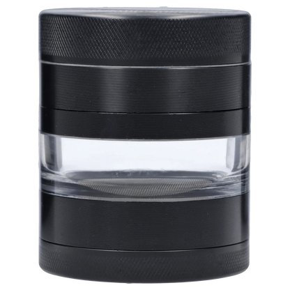 A close-up, angled view of the black Kannastör Jar Body Grinder 2.2", showcasing its cylindrical shape and textured exterior.