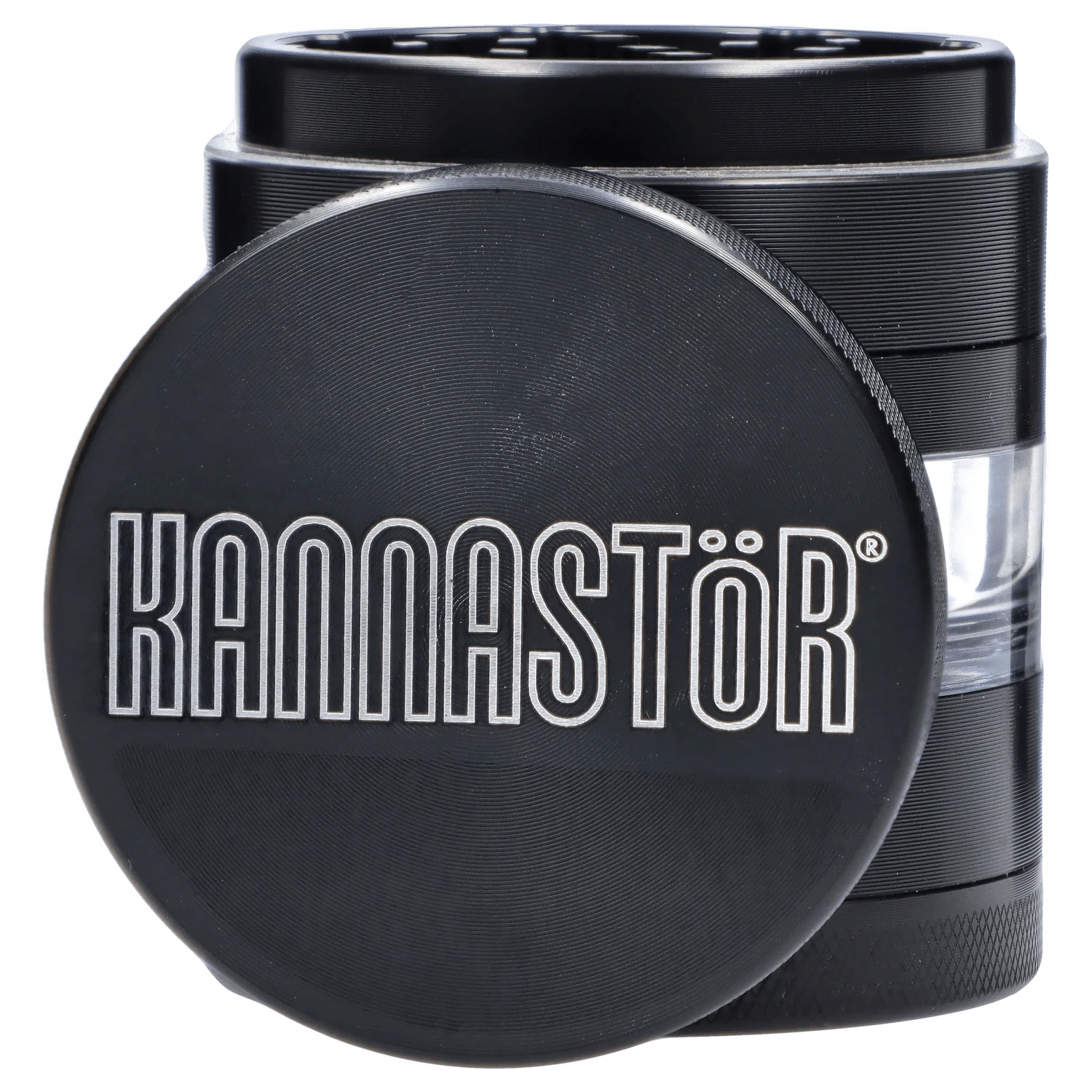 Close-up of the black Kannastör Jar Body Grinder 2.2, highlighting its textured metal exterior and cylindrical shape.