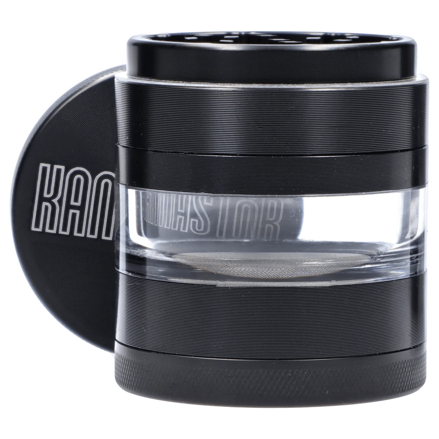 A close-up, angled view of the black Kannastör Jar Body Grinder 2.2", showcasing its cylindrical form and metallic finish.