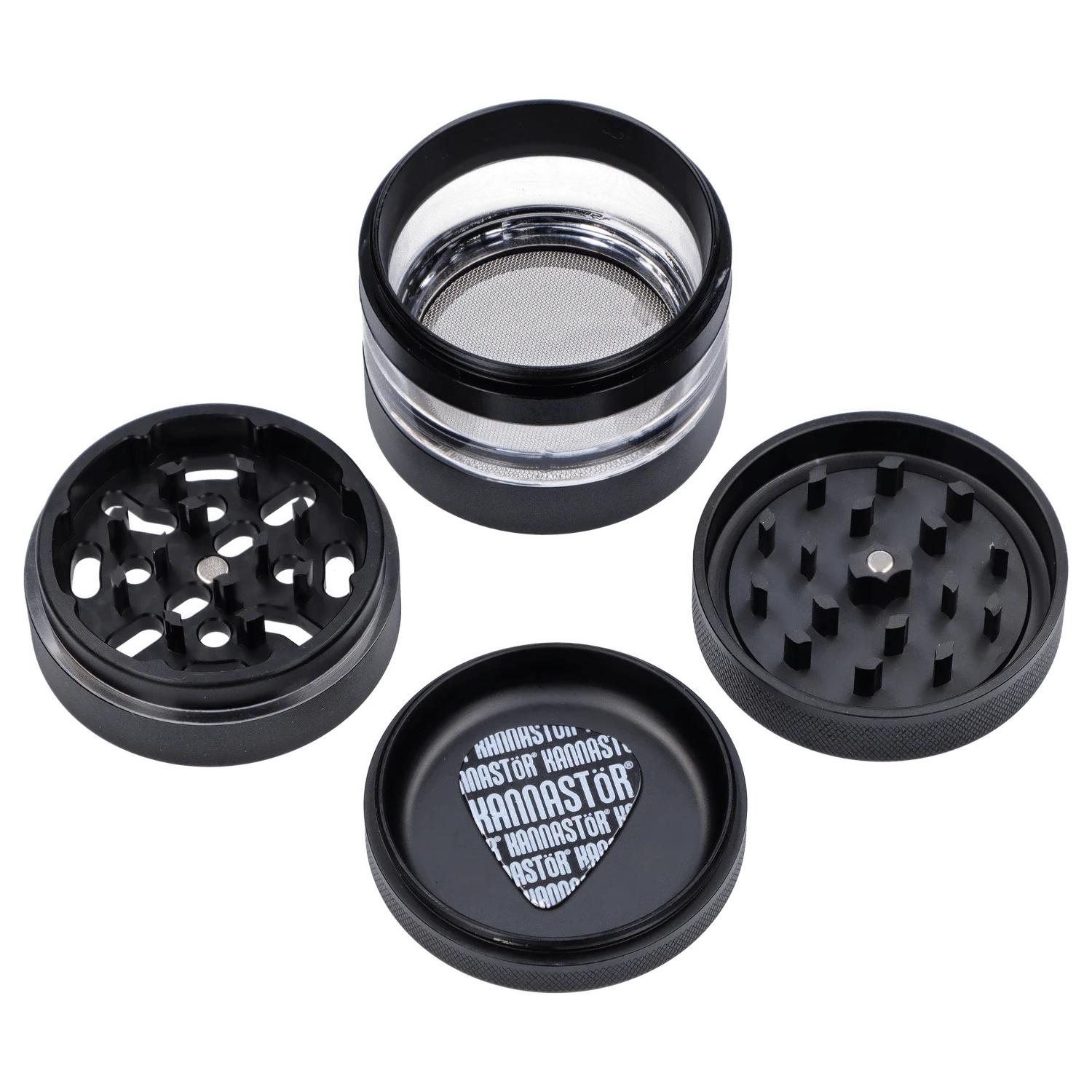 A close-up, angled view of the black Kannastör Jar Body Grinder 2.2, showing its multi-tiered, textured grinding mechanism.