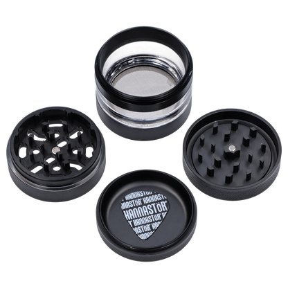 A close-up, angled view of the black Kannastör Jar Body Grinder 2.2, showing its multi-tiered, textured grinding mechanism.