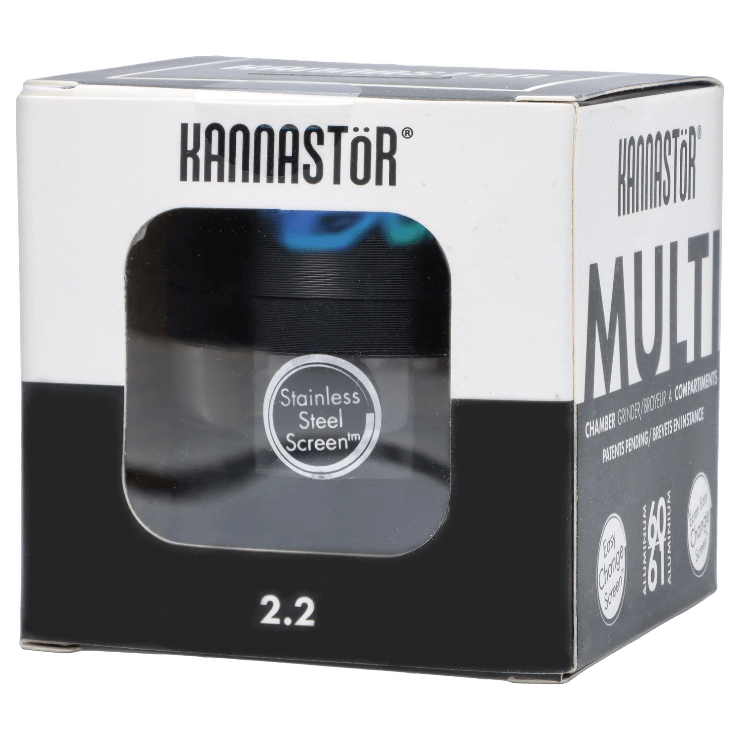 Front view of the black Kannastör Jar Body Grinder 2.2, showing its cylindrical shape and branding details.