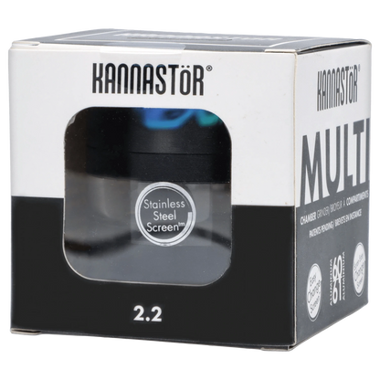 Front view of the black Kannastör Jar Body Grinder 2.2, showing its cylindrical shape and branding details.