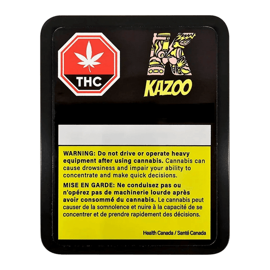Top-down view of the rectangular black pack labeled "Cherry Beerootchie Disposable Vape" featuring a red THC octagon, colorful Kazoo logo, and a yellow bilingual warning panel.