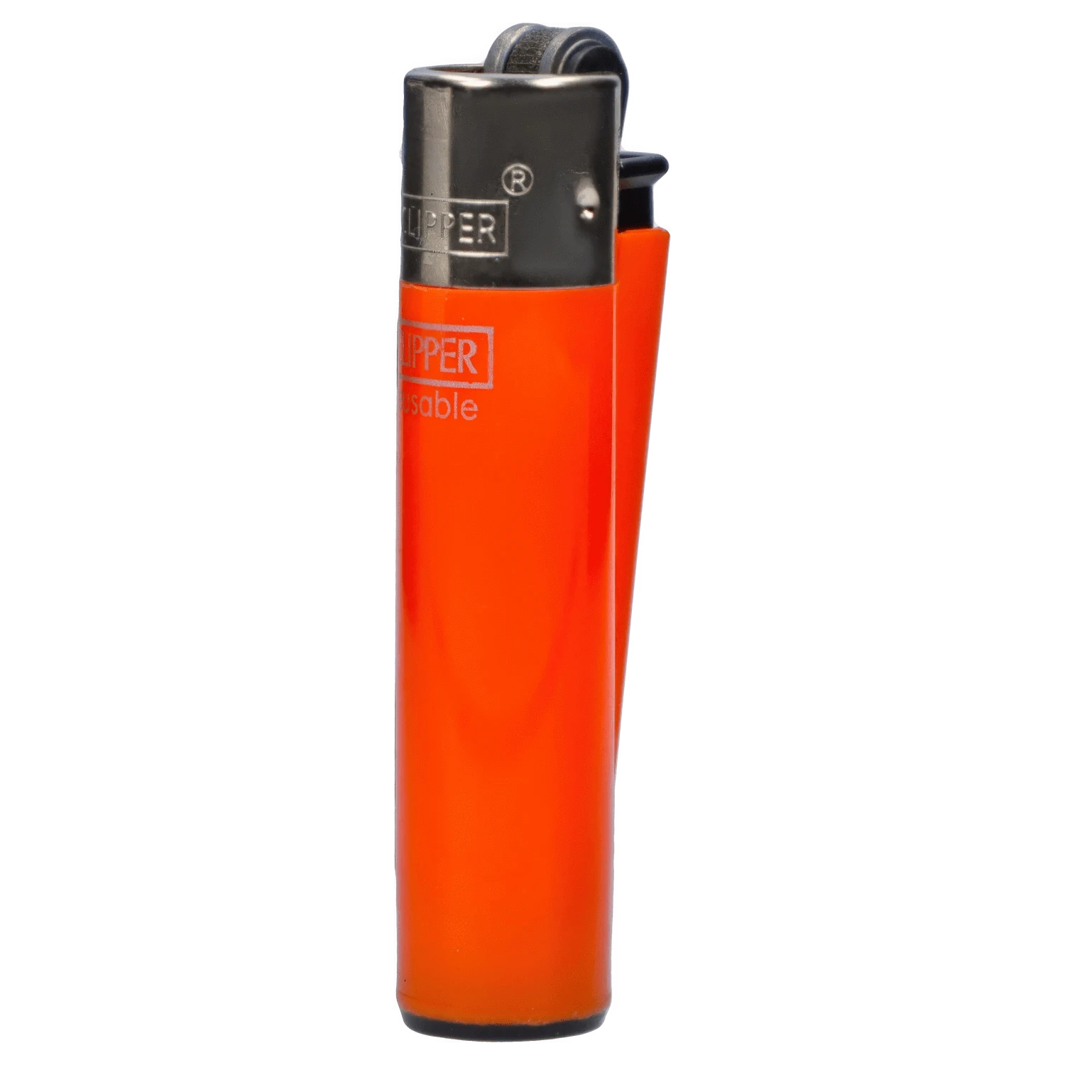 Close-up vertical shot of an orange Clipper Classic Micro Lighter showing the metal top, ignition wheel, and side profile against a plain background.