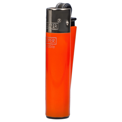 Close-up vertical shot of an orange Clipper Classic Micro Lighter showing the metal top, ignition wheel, and side profile against a plain background.