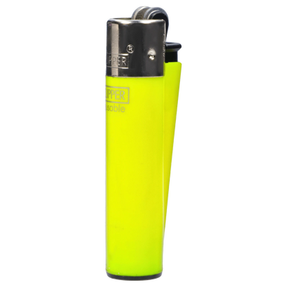 Close-up front view of a neon yellow Clipper Classic Micro Lighter showing its metal top and slim plastic body.
