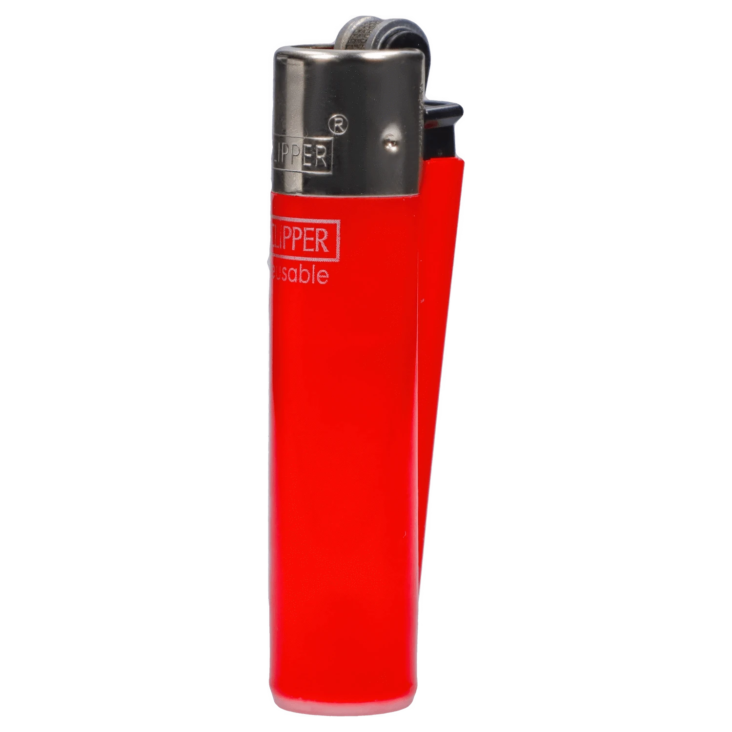 Close-up front view of a bright red Clipper Classic Micro Lighter showing its metal top, flint wheel and partial logo.