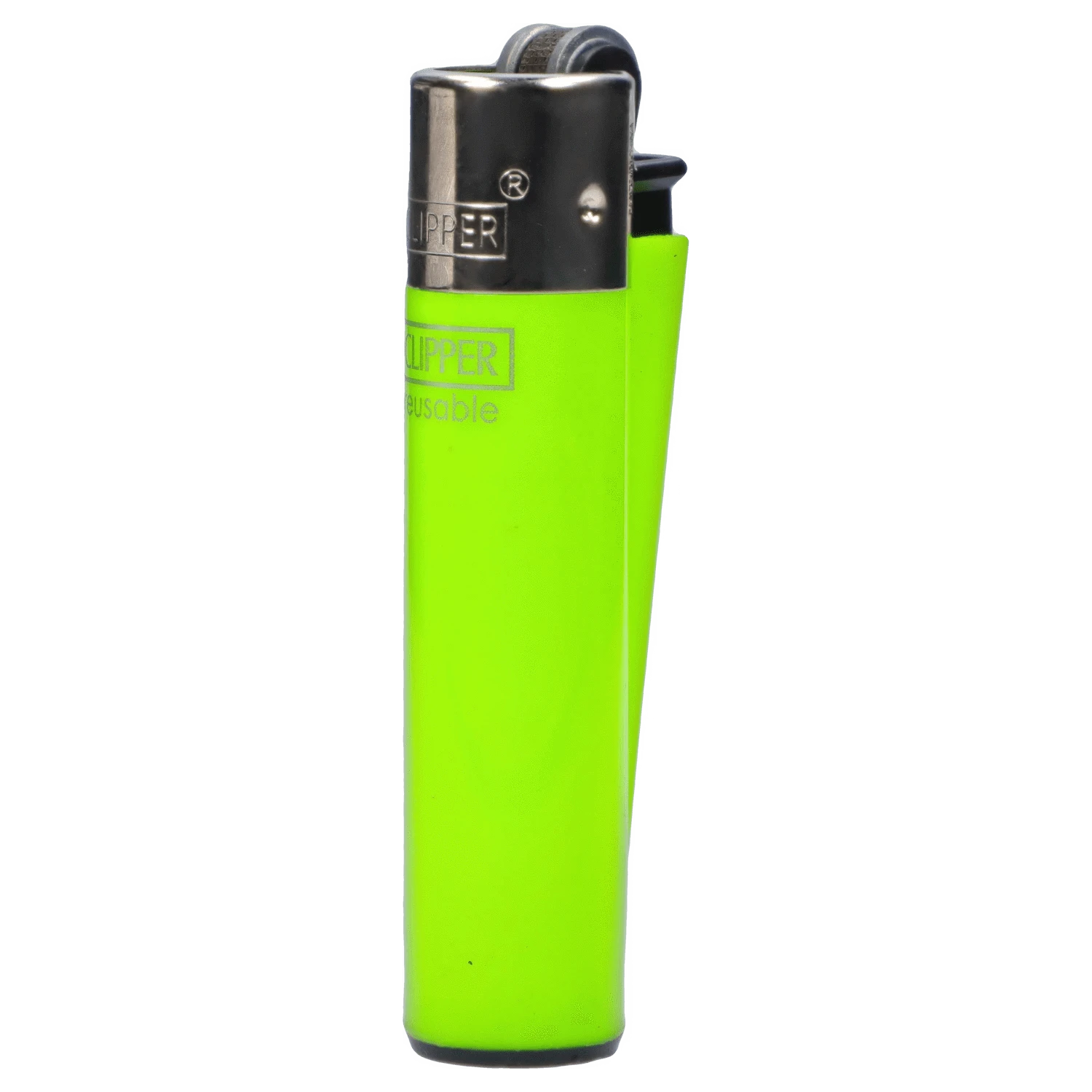 Close-up front view of a neon green Clipper Classic Micro Lighter showing its metal top, flint wheel, and partial logo.