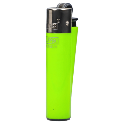 Close-up front view of a neon green Clipper Classic Micro Lighter showing its metal top, flint wheel, and partial logo.
