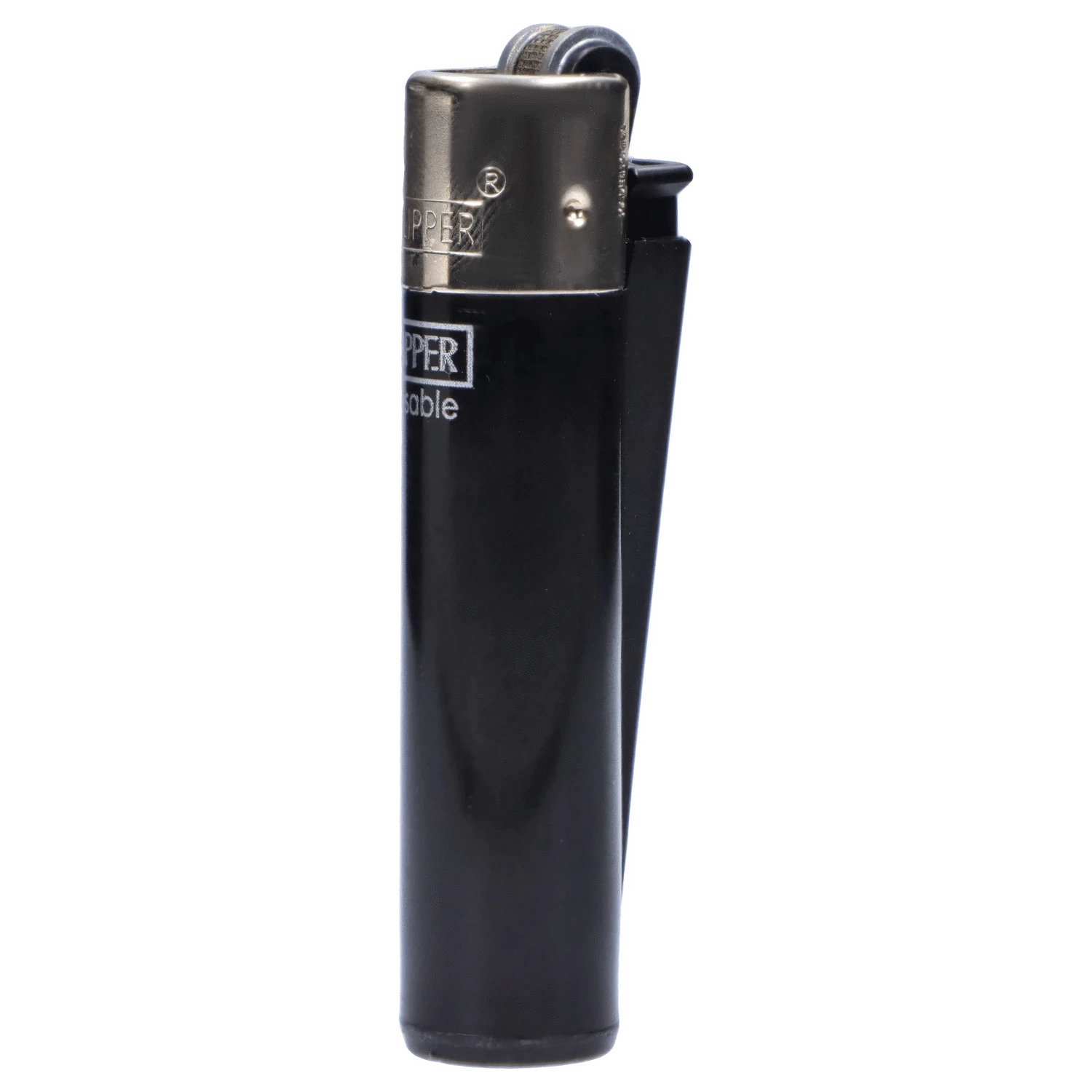 Close-up, front view of a black Clipper Classic Micro Lighter showing its metal top, flint wheel, and slim plastic body.