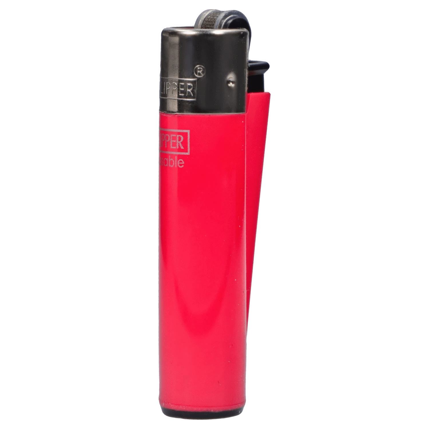 Close-up frontal view of a red Clipper Classic Micro Lighter showing its black metal top, ignition wheel, and smooth glossy body.