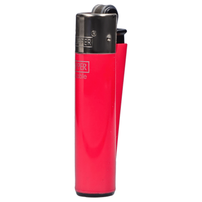 Close-up frontal view of a red Clipper Classic Micro Lighter showing its black metal top, ignition wheel, and smooth glossy body.