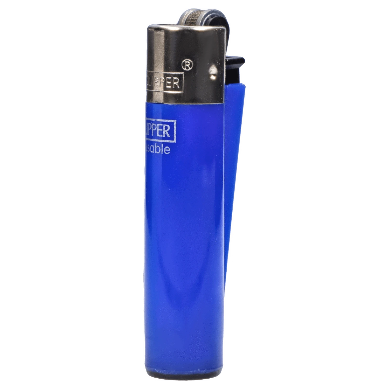 Close-up front view of a blue Clipper Classic Micro Lighter showing its metal top, striker wheel, and partial logo on a plain background